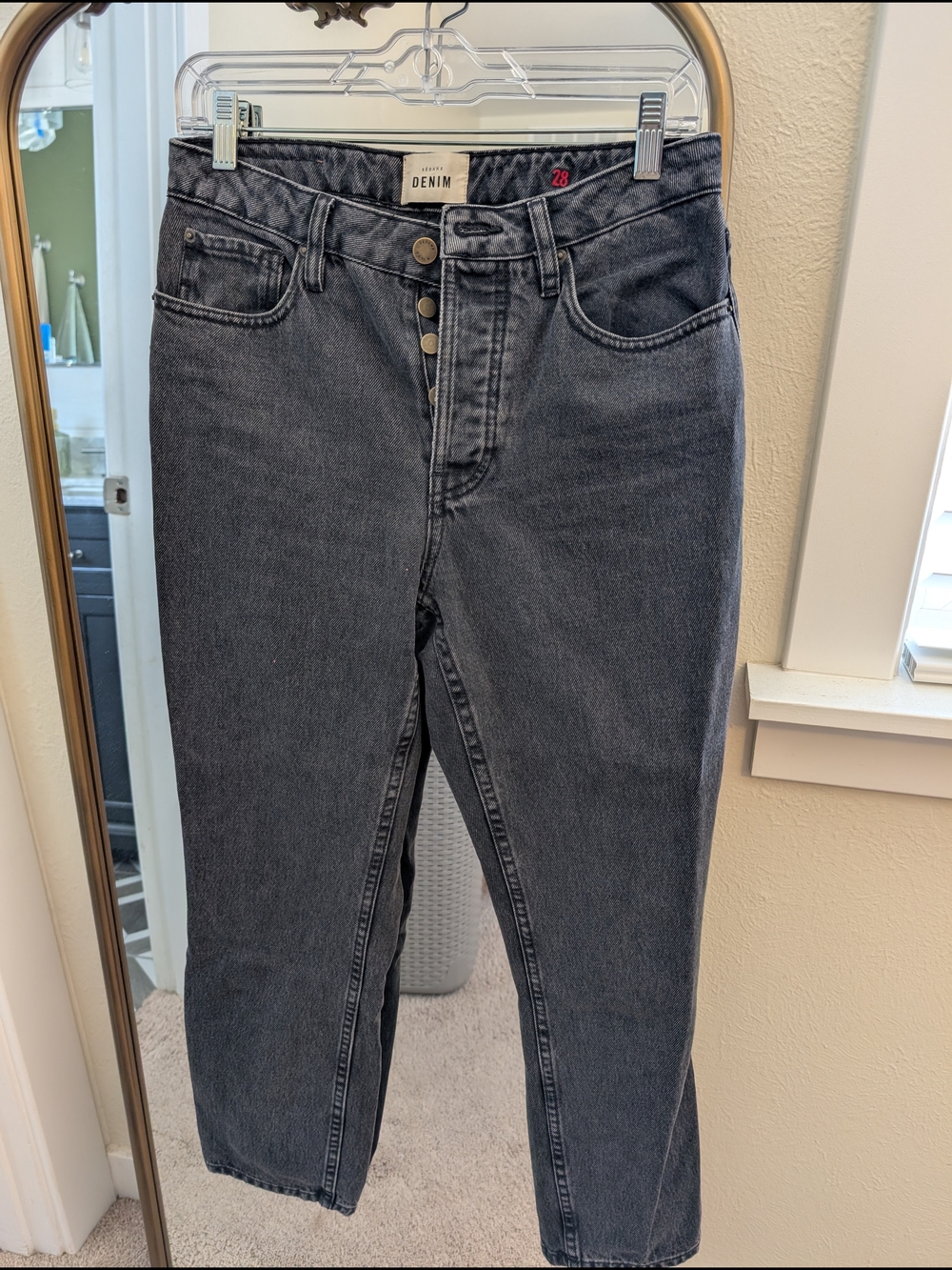 Sezane High-Rise Straight Leg Jeans in Charcoal Gray/Black